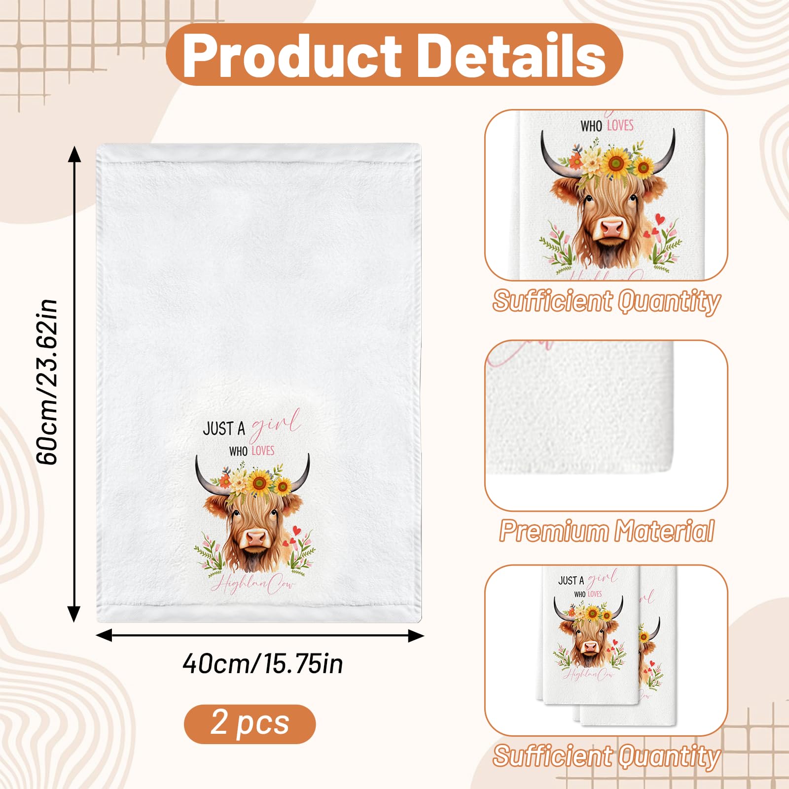 Nodrex 2 PCS Highland Cow Tea Towels, Cute Kitchen Tea Towels, Super Soft Microfibre Dish Towels, Highly Absorbent Quick-Dry Hand Towels for Kitchen