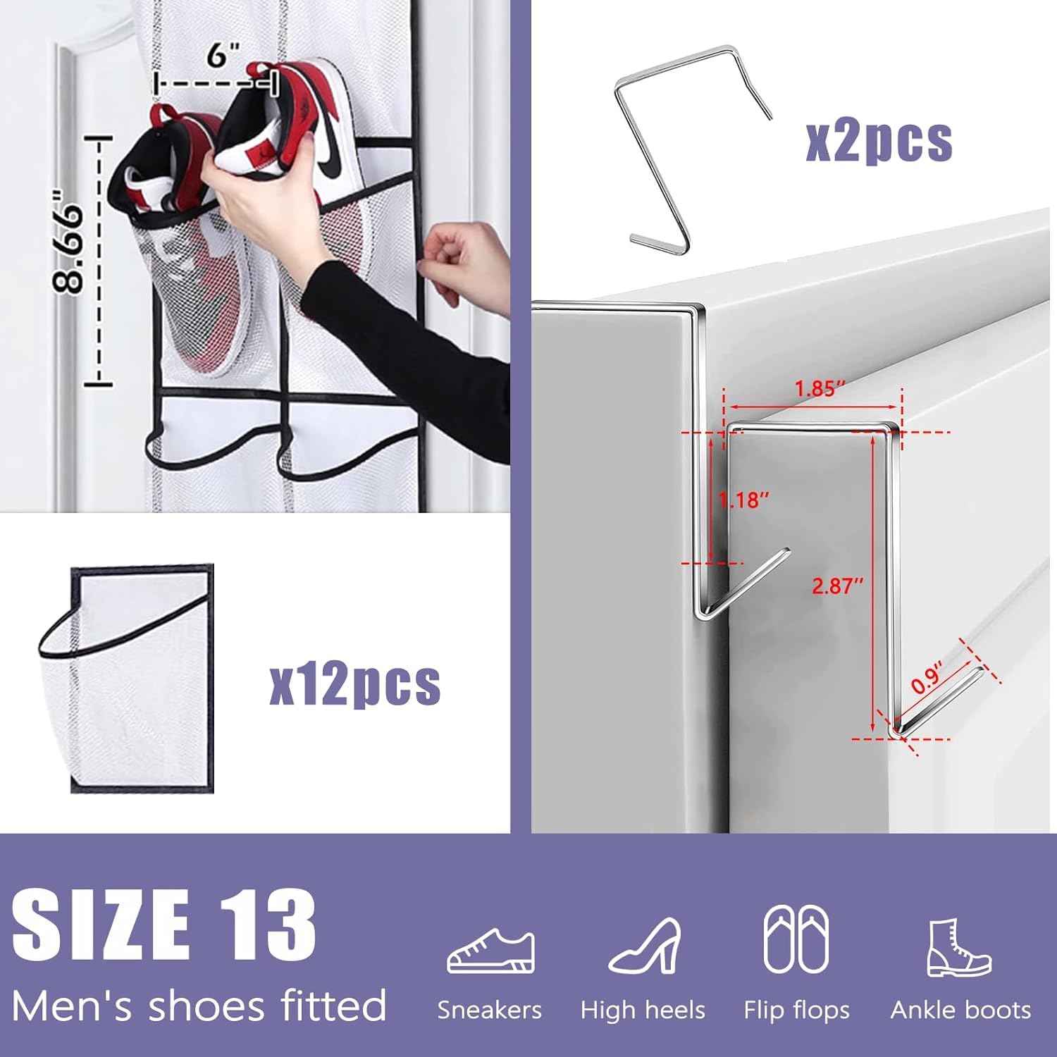 BONAVCY Over the Door Shoe Storage, Hanging Shoe Rack with 12 Mesh Pockets