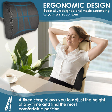 HomDSim Memory Foam Lumbar Cushion Lower Back Support Pillow Posture Correcting Car Seat Home Office Chair (Black)