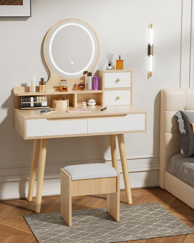 Dressing Table with Round Mirror and Lights, Small Vanity Desk with Stool