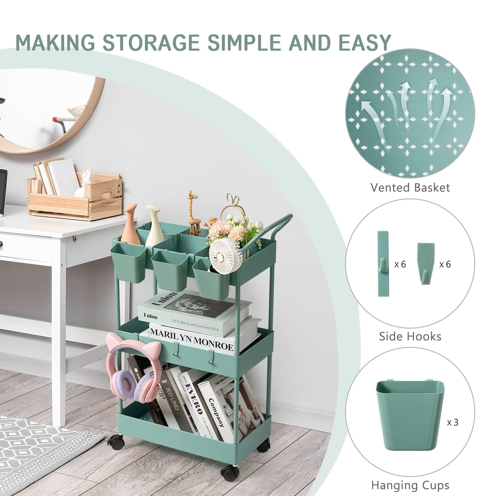 danpinera Storage Cart on Wheels, 3 Tier Slim Laundry with Wheels Bathroom Organizer with Hanging Cups Hooks Dividers Handle Mobile Rolling Art Cart