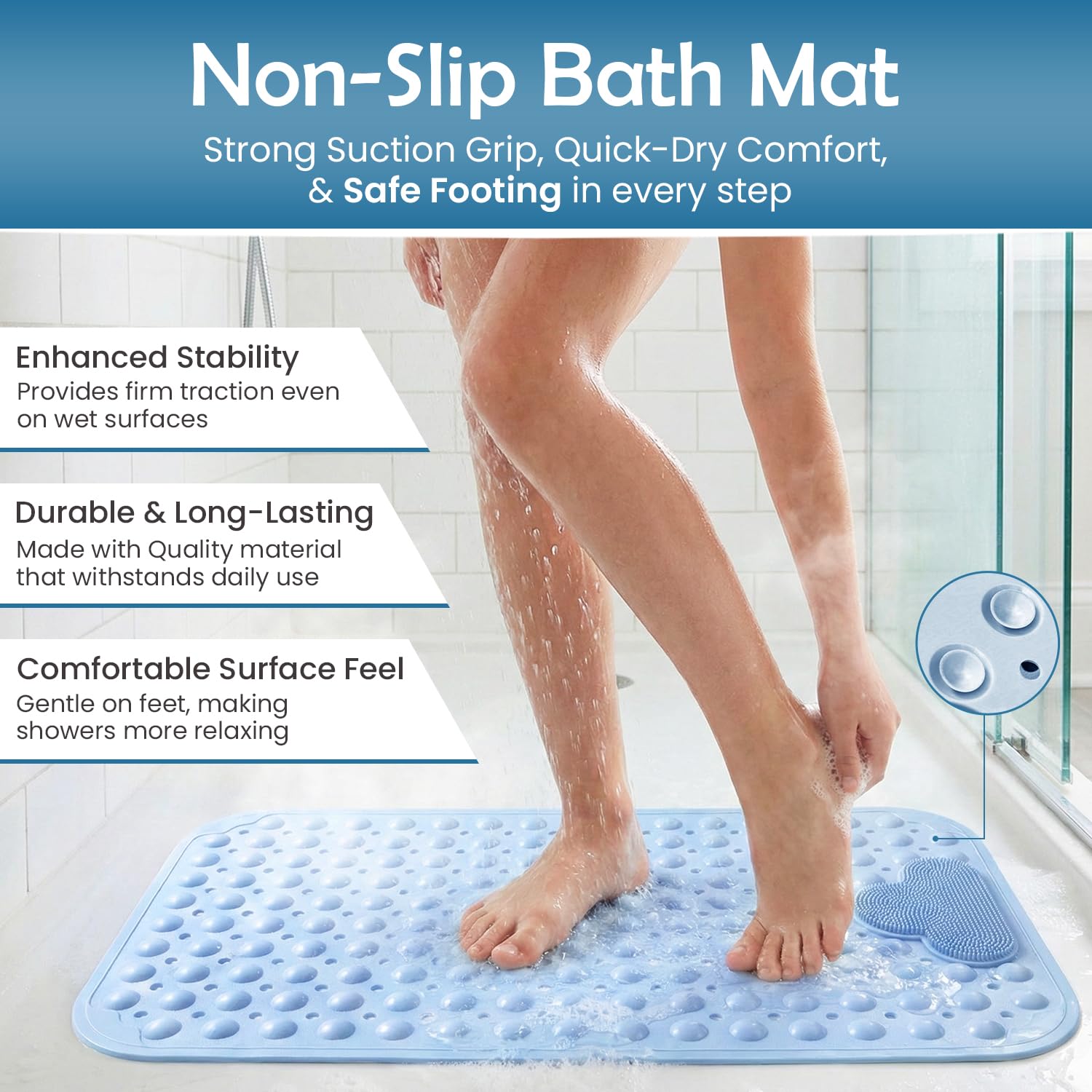 Non-Slip Bath Mat with Suction Cups, GVTECH 100x40cm/40x16in Extra Long Bathtub Mats | Anti-Mould, Machine-Washable, Latex-Free