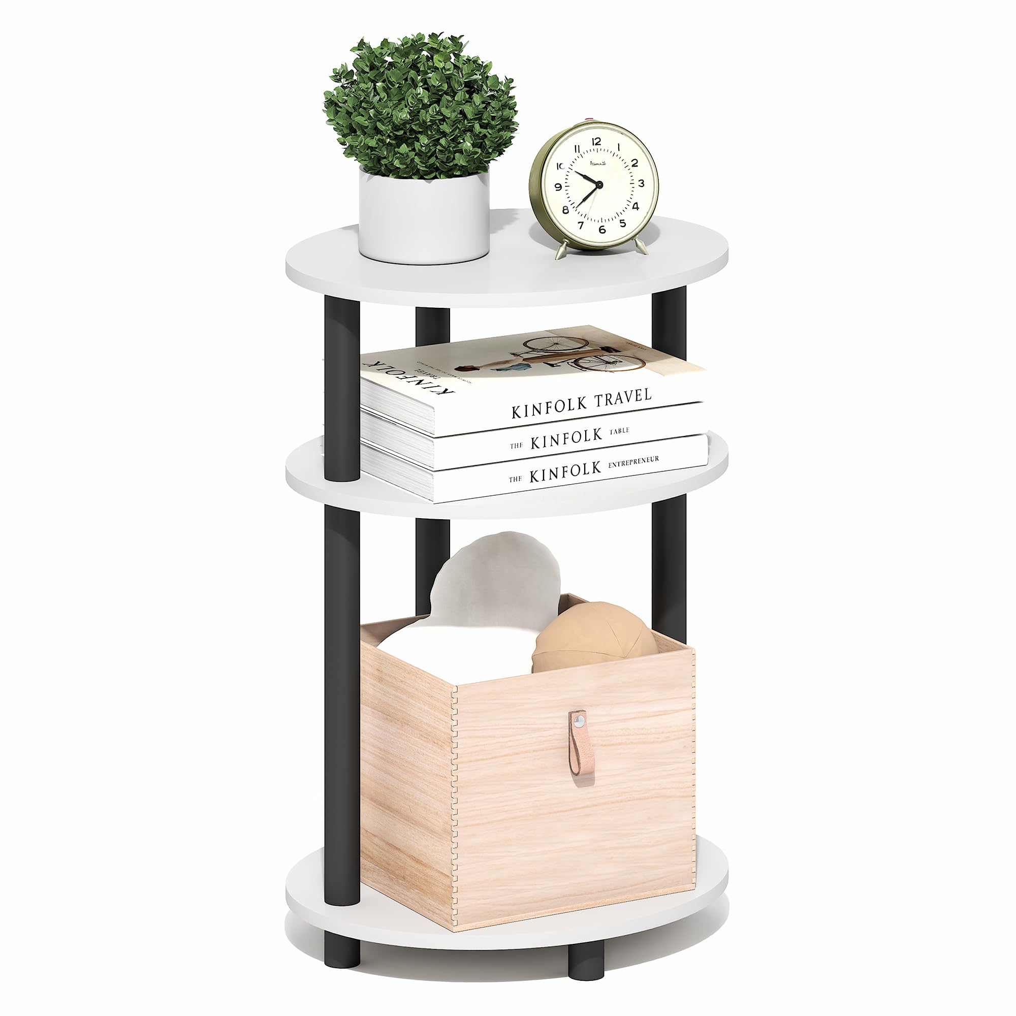 Furinno TURN-N-TUBE Side Table, 3-Tier Oval End Table, Night Stand, Bedside Table, for Living Room, Bedroom, White/Black