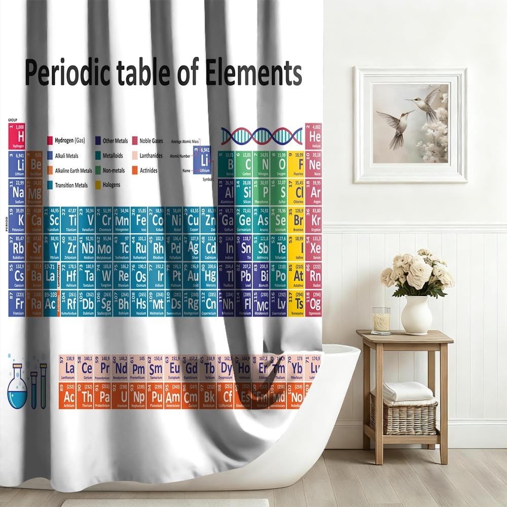 Xiaoterna Periodic Table of Elements Shower Curtain Abstract White Bathroom Curtain Chemical Element Table Water Repellant Washable Fabric for