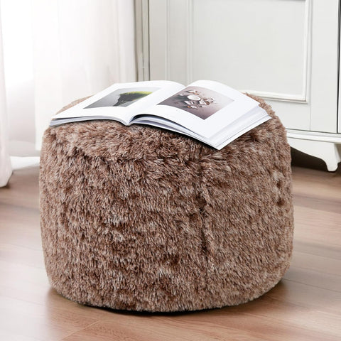 HIGOGOGO Faux Fur Beanbags Round Footstool Bean Bag Pouf with Foam Chunk Filling, 50 x 35 cm Floor Poufs Foot Rest for Living Room, Coffee