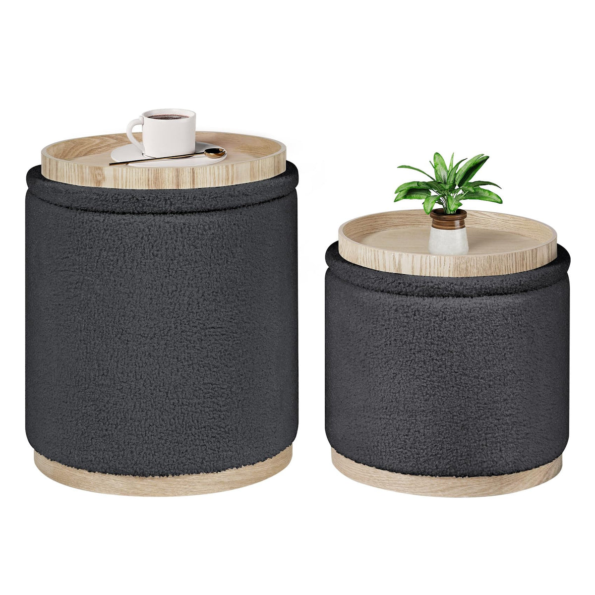 Bonlife Set of 2 Round Ottoman with Tray, Vanity Stool with Storage