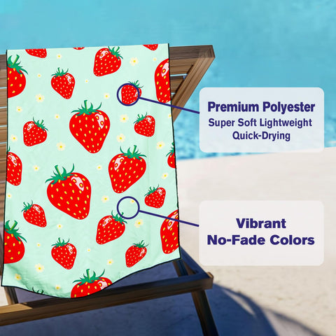 Violetpos Mint Green Strawberry Beach Towel, Extra Large 180x90 cm 250GSM Microfibre, Sand Free Quick Dry