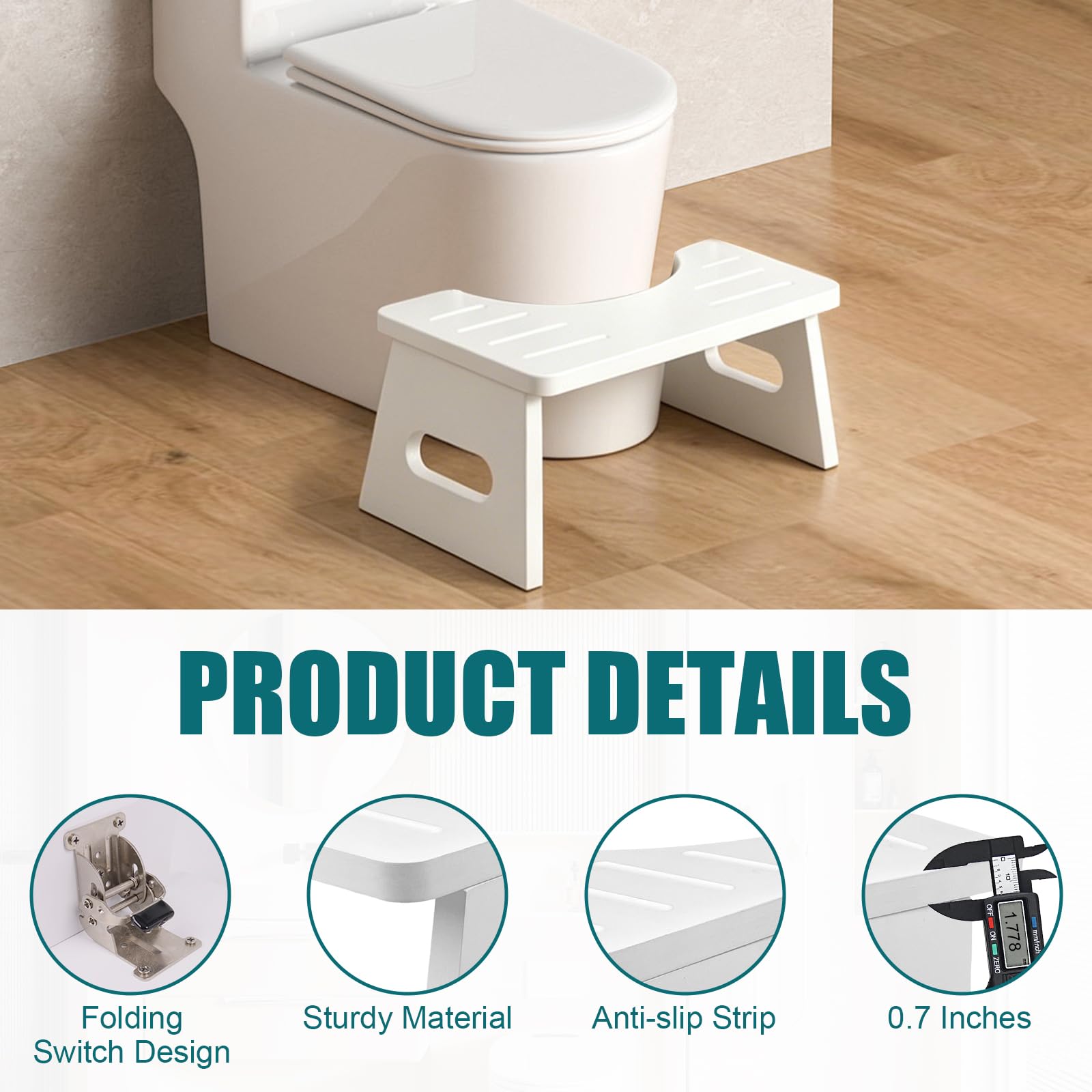 Bamboo Toilet Stool 7 Inch - Foldable Squatting Step Stool for Adults, Kids & Elderly - Anti-Slip Bathroom Stool for Better Pooping Posture