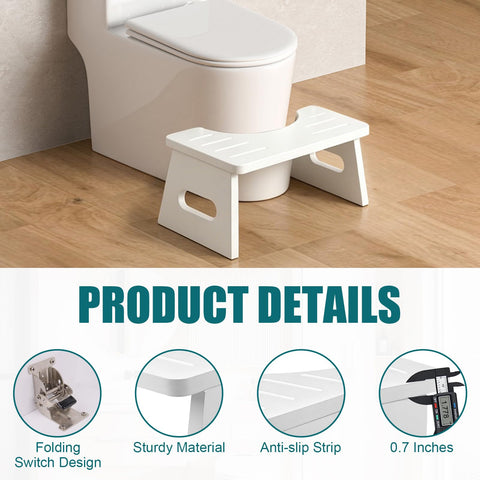 Bamboo Toilet Stool 7 Inch - Foldable Squatting Step Stool for Adults, Kids & Elderly - Anti-Slip Bathroom Stool for Better Pooping Posture