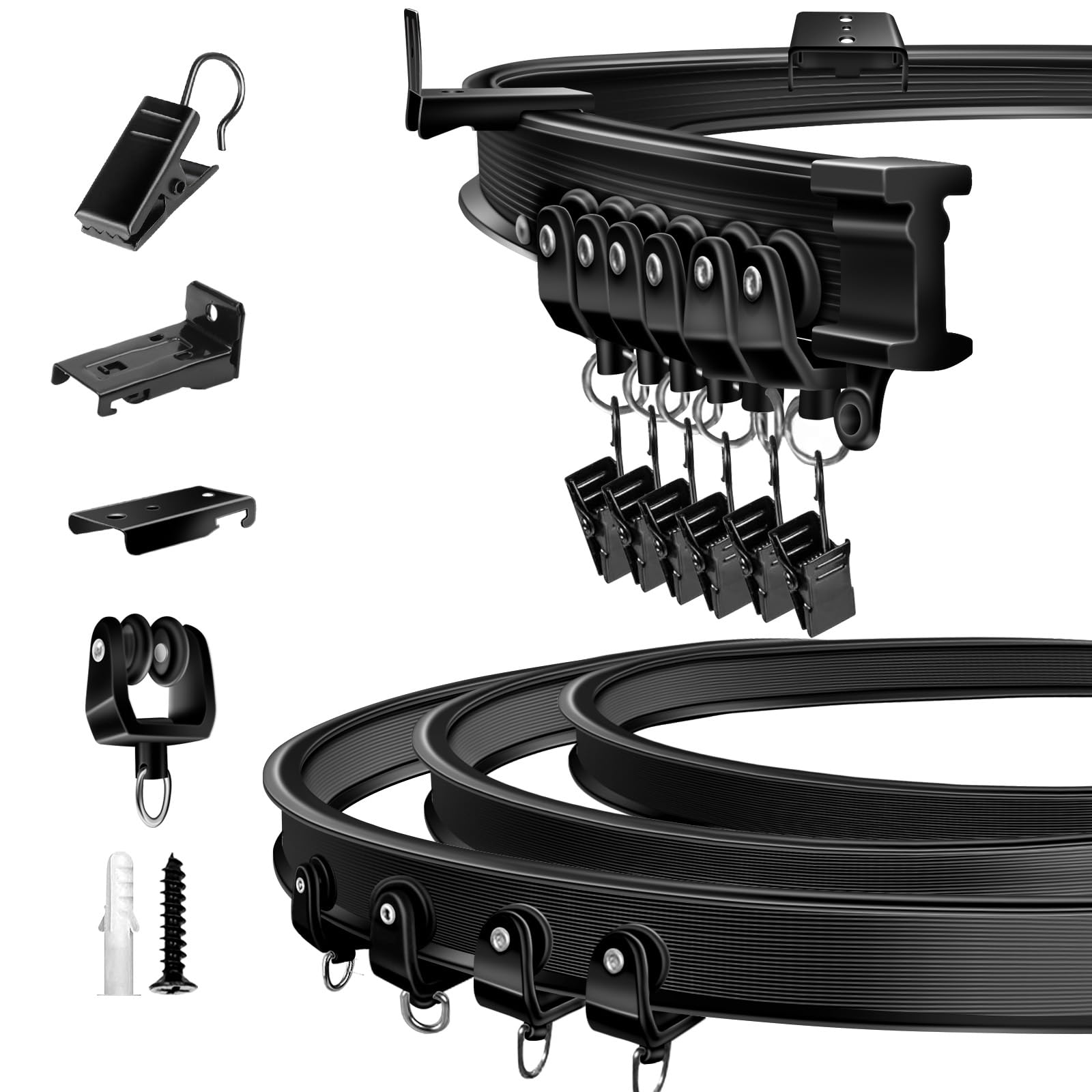 Ceiling Curtain Track, Flexible Bendable Curtain Track 10Ft Black Curved Curtain Rail Ceiling Wall Mount Curtain Sliding Track System Set for RV