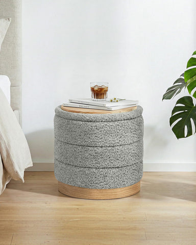 Bonlife Round Chenille Storage Ottoman, Folding Footstool with Table Top,39x39x37cm, Load Capacity 120kg, for Living Room Bedroom Hallway