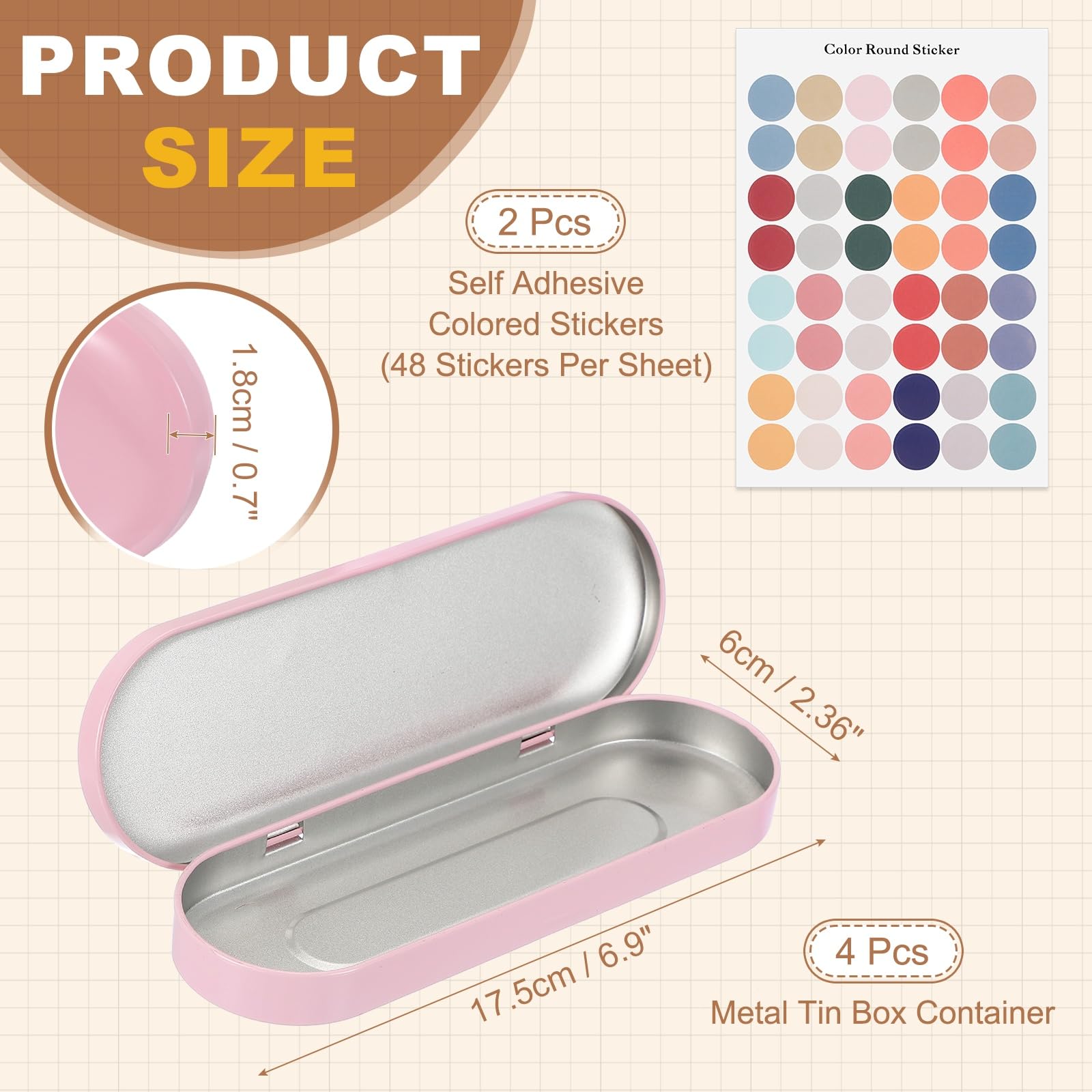 sourcing map 4Pcs Metal Tin Box Container, 6.9x2.4x0.7 Oval Empty Hinged Lid Box with Self Adhesive Colored Sticker