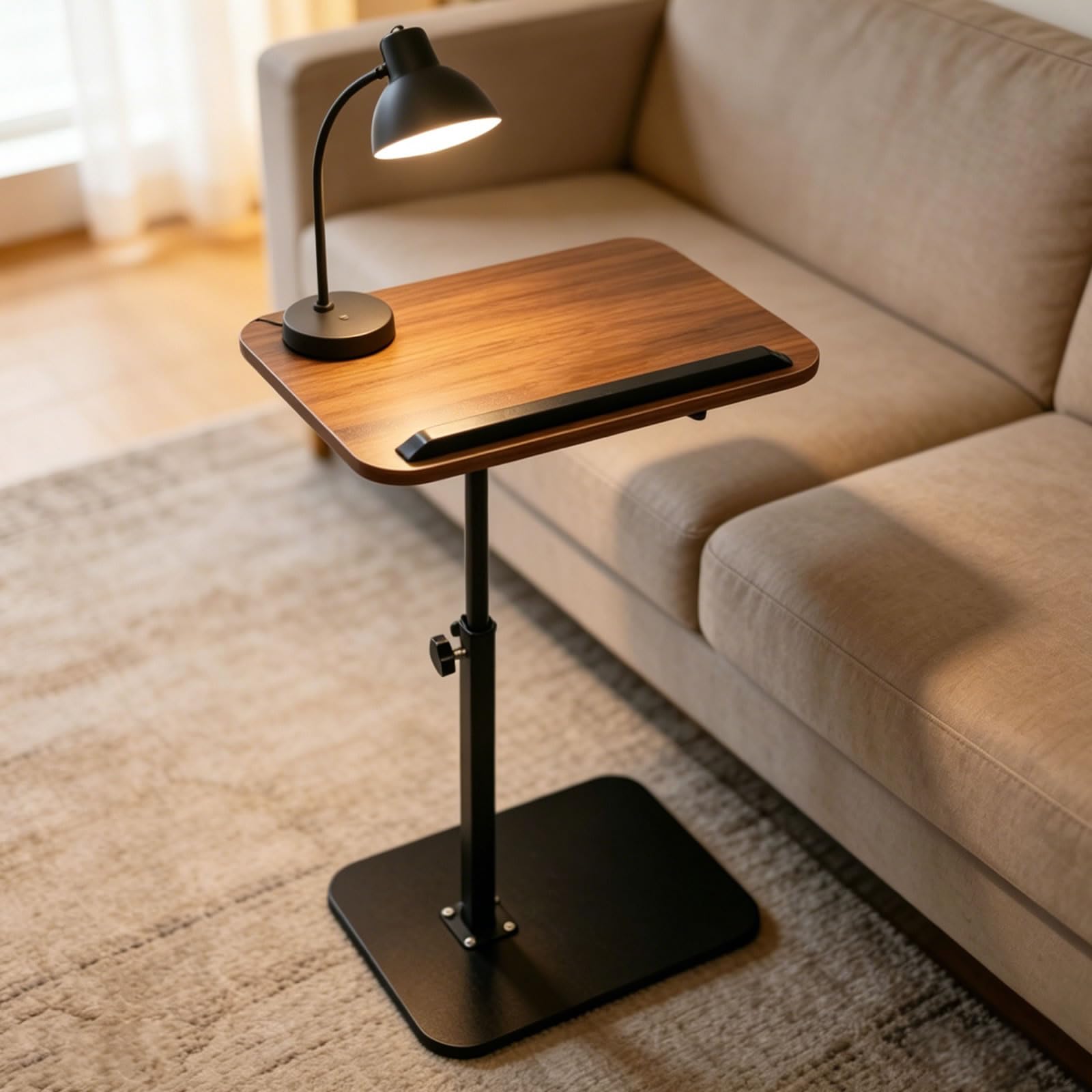 Vixtte 360° Rotating Coffee Table with Slots, Adjustable Height C-Shaped Side Table, Multi-Functional Sofa Side Table and Bed Table (Walnut Color)
