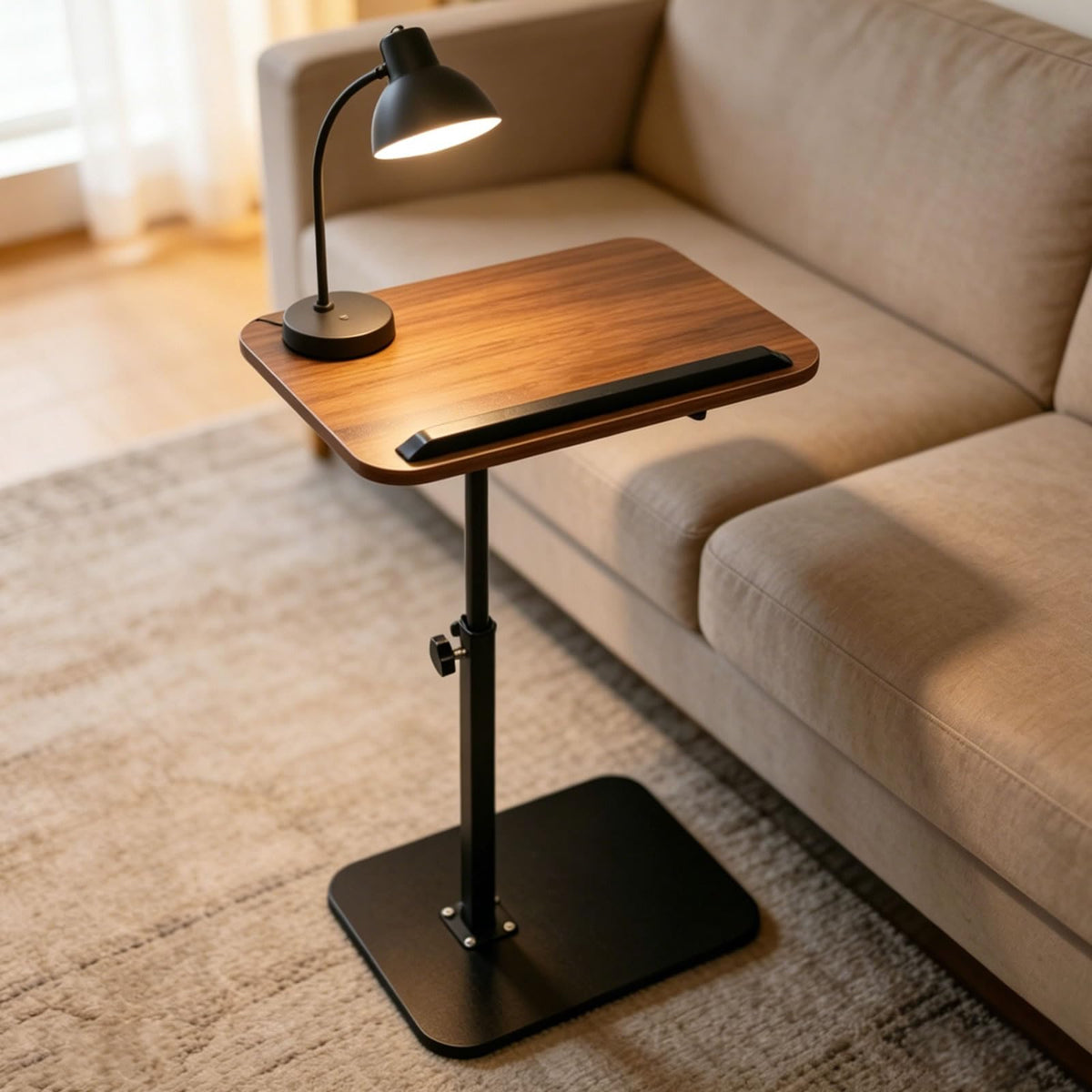 Vixtte 360° Rotating Coffee Table with Slots, Adjustable Height C-Shaped Side Table, Multi-Functional Sofa Side Table and Bed Table (Walnut Color)