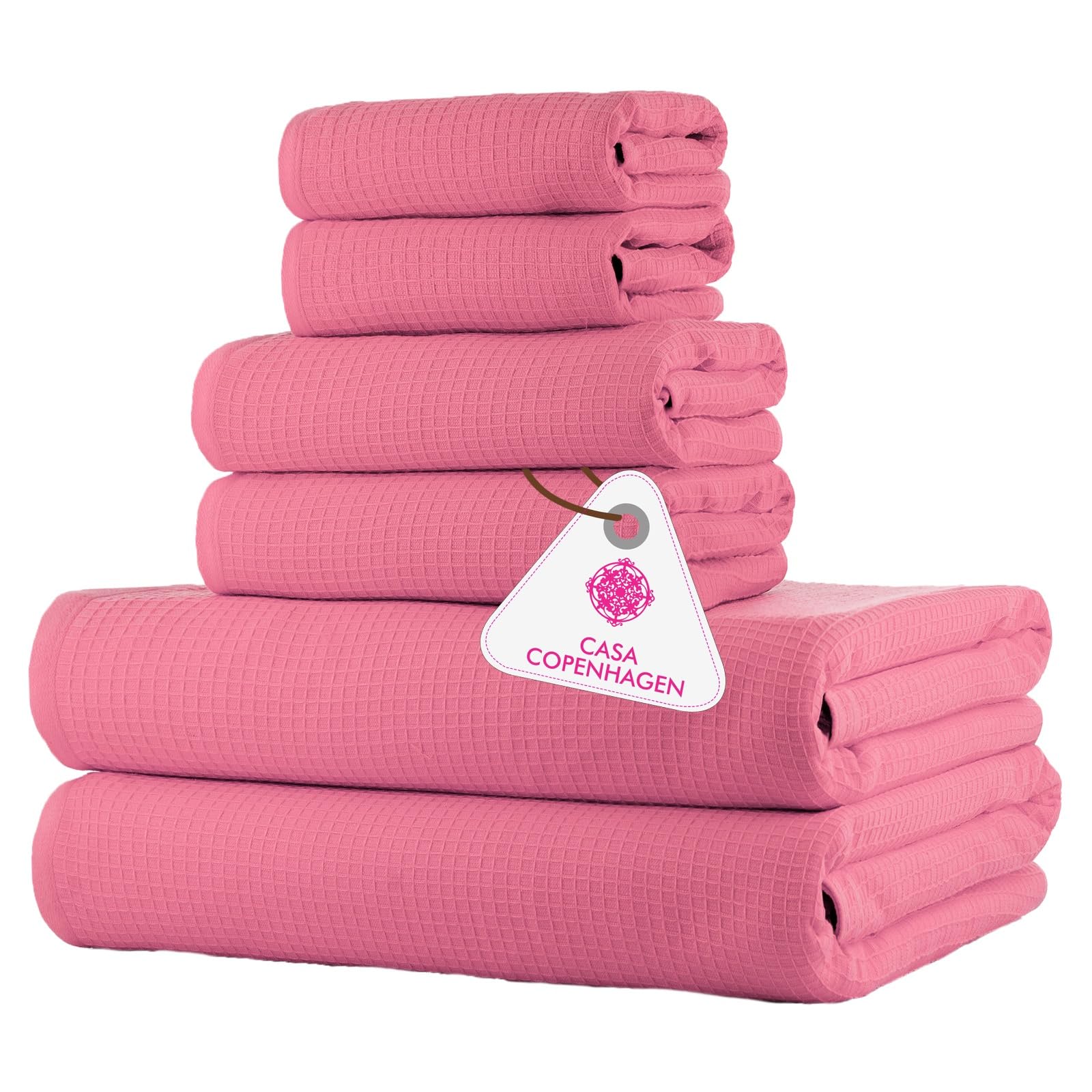 CASA COPENHAGEN Waffle Terry 6-piece set, cotton, extra large, luxurious, pink, 2 bath towels XL, 70 x 140 cm, 2 large hand towels, 50 x 80 cm