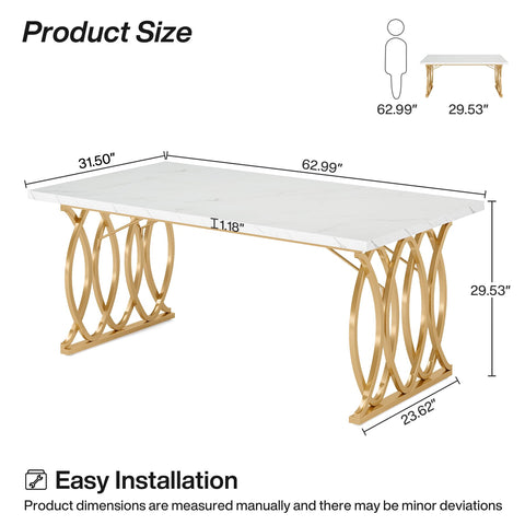 LITTLE TREE Modern Dining Table for 4-6 People, 63" Large Rectangular Kitchen Table with Faux Marble Tabletop and Geometric Legs