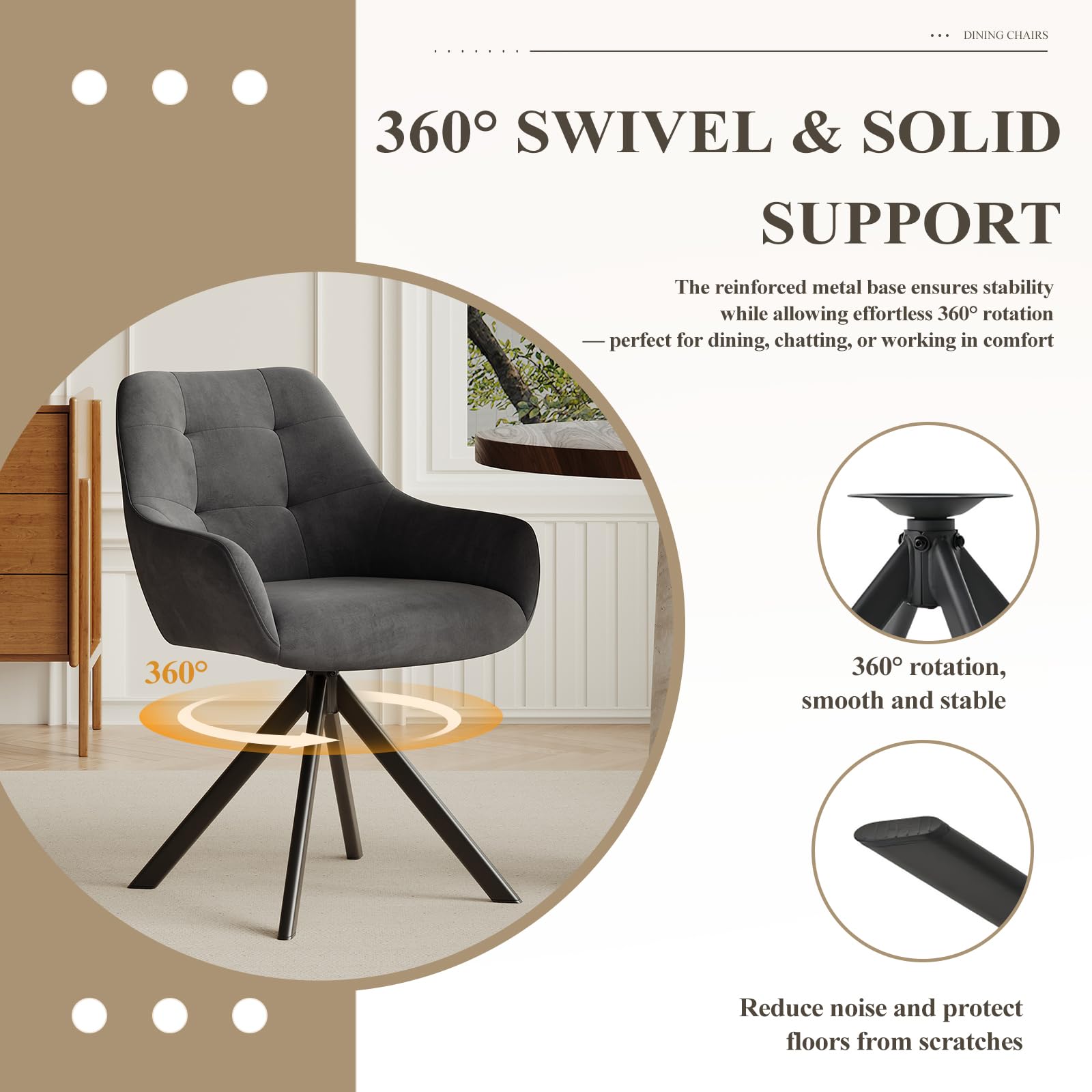 COLAMY 360° Swivel Dining Chairs Set of 6 with Sturdy Metal Base – Luxury Velvet Upholstered Kitchen Chairs with Thick Padded Seat