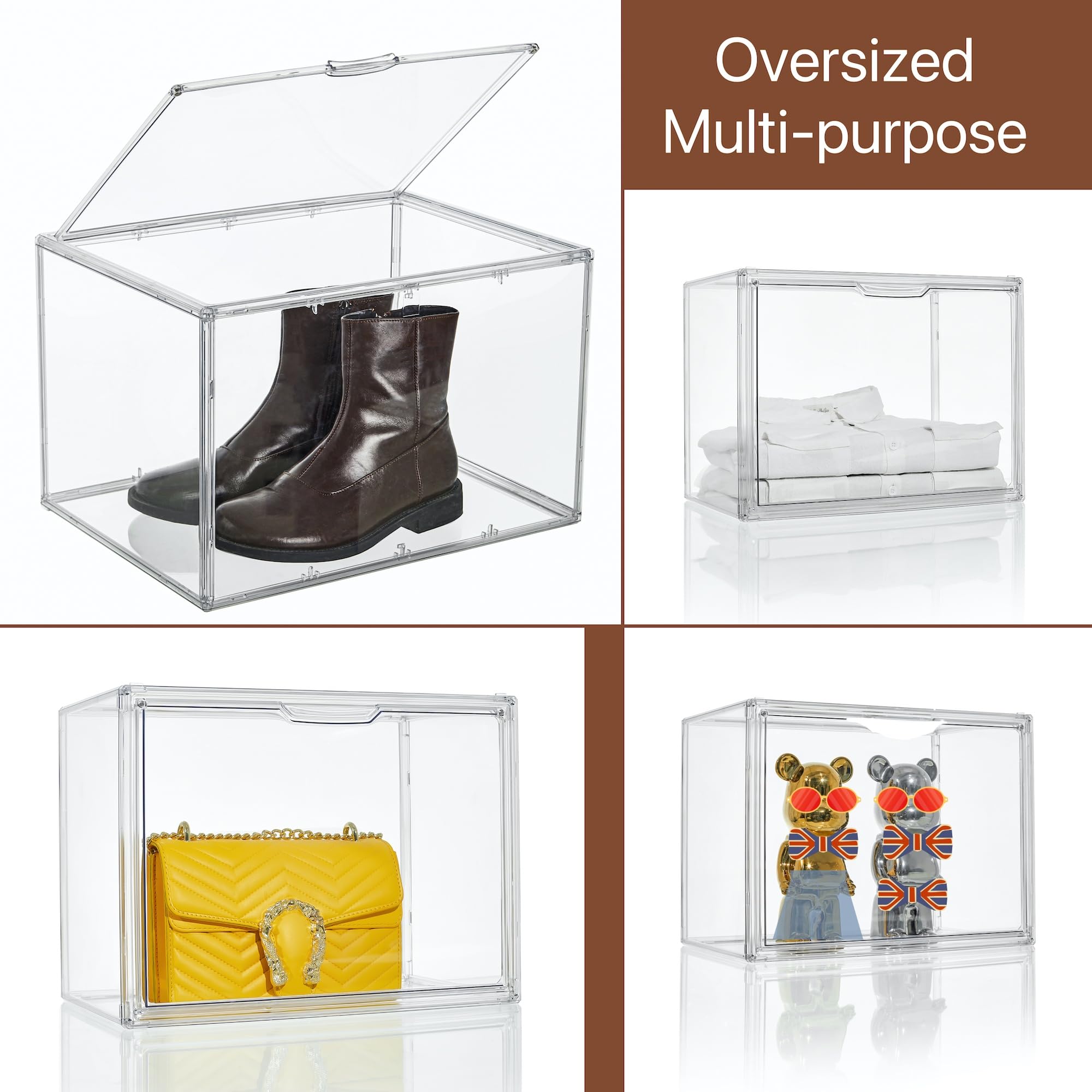 Attelite XX-Large Shoe Storage Boxes, Boot & Shoe Box Organizers with an Adjustable Divider, set of 2, Shoe Boxes Clear Plastic Stackable with Lids