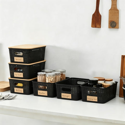 Sagittar Set of 6 Storage Boxes with Bamboo Lid, Imitation Rattan Plastic Storage Basket, Stackable Storage Bins, Ideal for Kitchen, Bathroom, Office