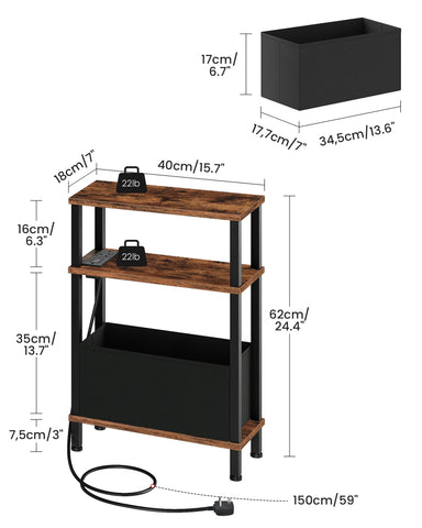 CHOEZON Slim Side Table with Charging Station, 3-Tier Narrow Side Table with Drawer, Skinny Bedside Table, End Table for Small Spaces, for Bedroom