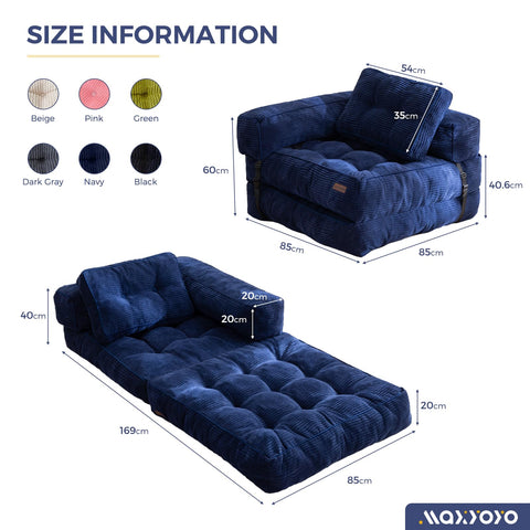 MAXYOYO Foldable Sofa Bed,Bean Bag Couch Convertible Sleeper Chair with Armrest L-Shaped Floor Lounge Sofa with Pillow Portable Lounge Seat for