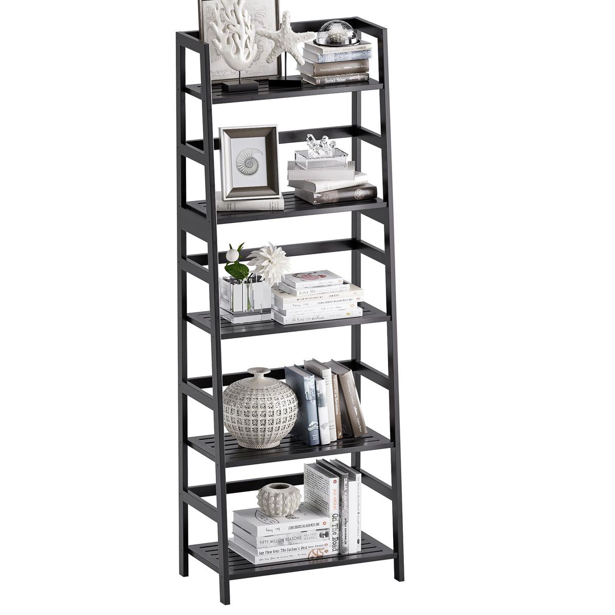 vovala Ladder Shelf, 5-Tier Bookshelf, All Bamboo Heavy Duty Bookcase, Freestanding Open Wood Storage Rack
