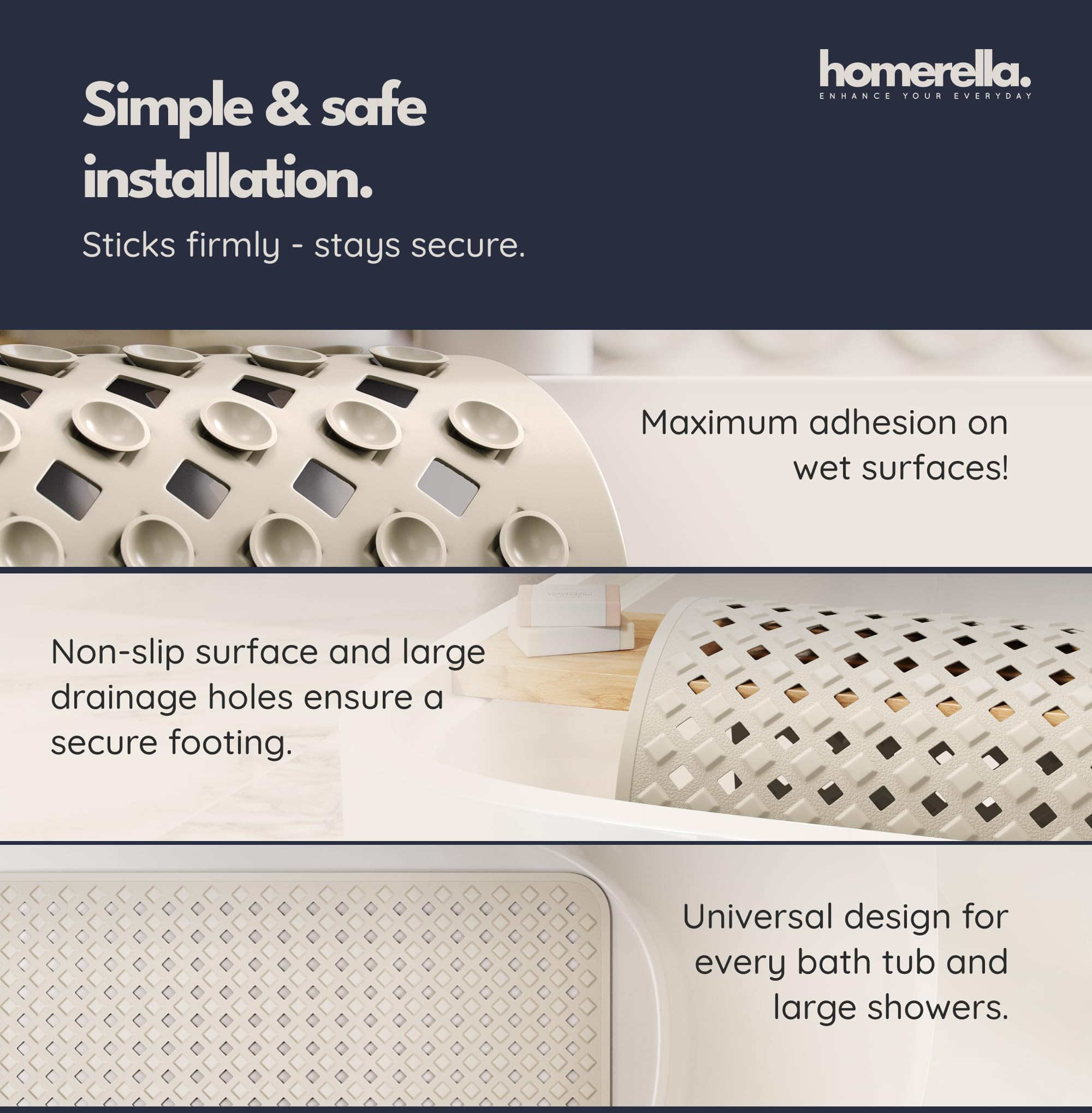homerella Bath Mat Non Slip Anti Mould 88x39cm Shower Mat Non Slip Bath Mat