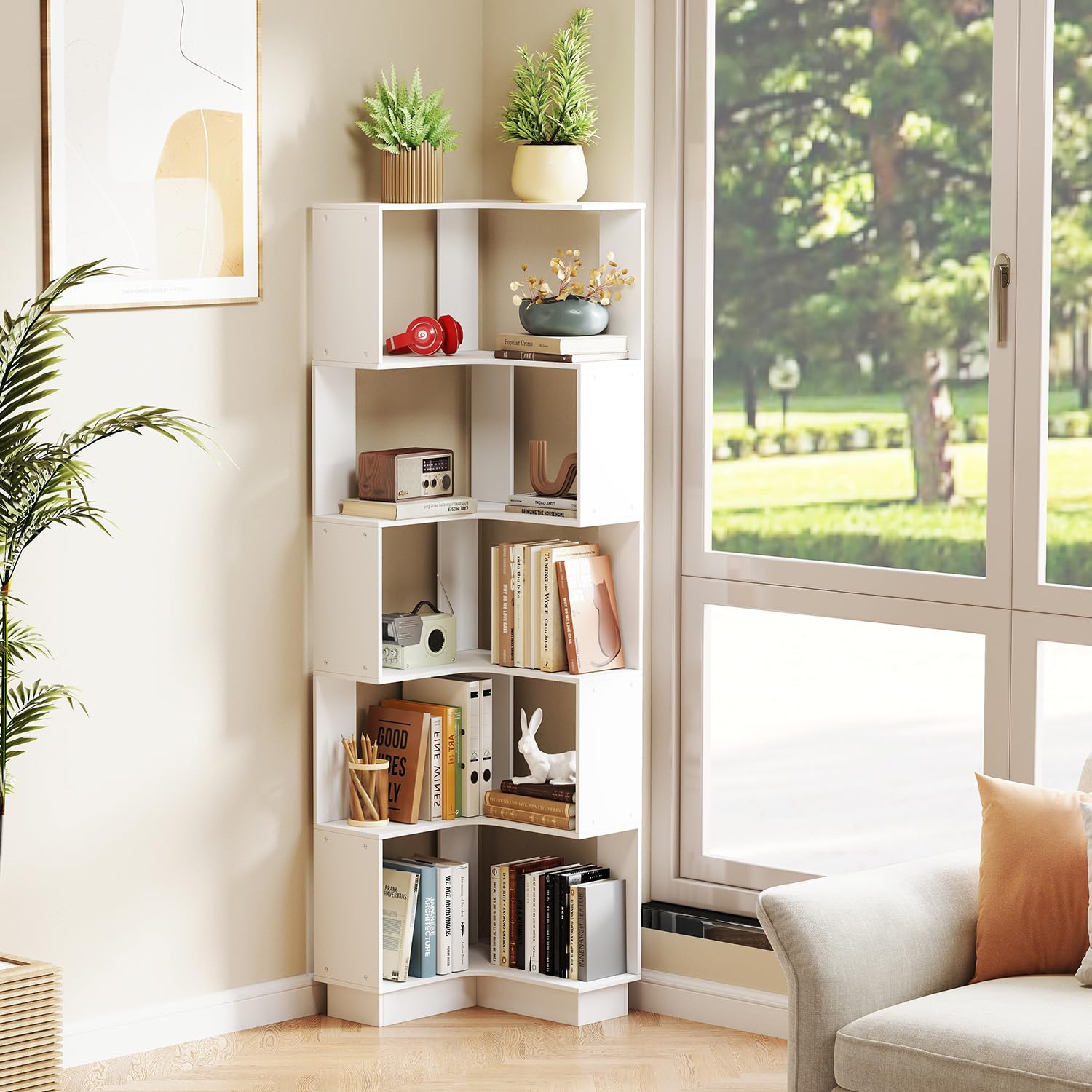uyoyous 5-Tier Corner Bookcase Unit, Freestanding Book Organiser Stand, Book Storage Cabinet, Bookshelf Display, Book Rack Credenza,