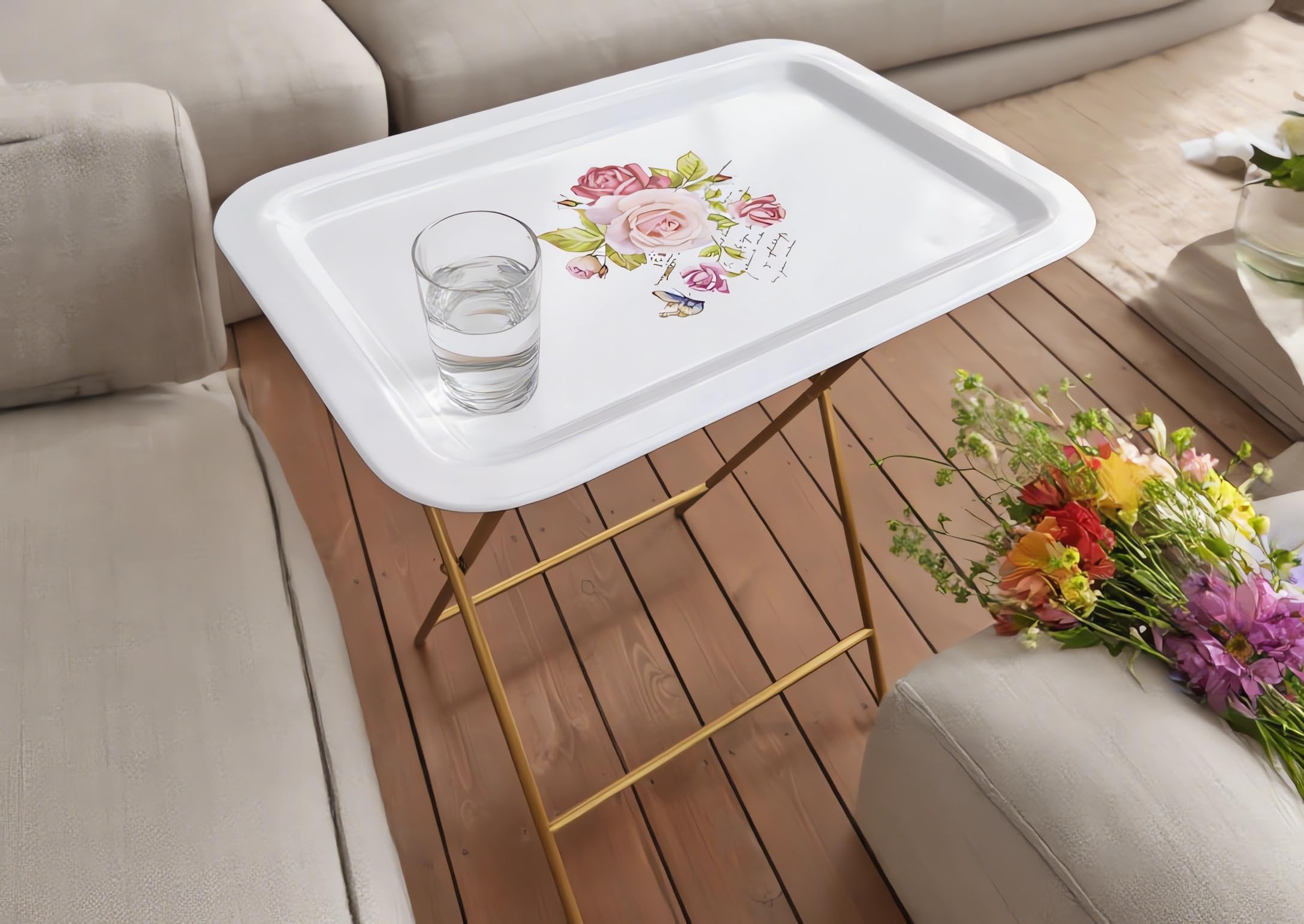 Ruweistar Portable Folding TV Tray Table with Floral Design, Grey Metal Frame, Side Table for Sofa (white)