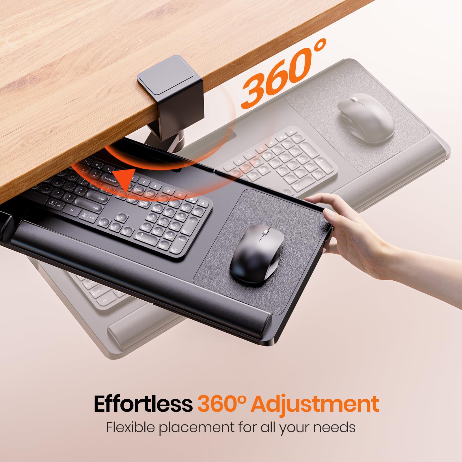 Tilt Adjustable Keyboard Tray Under Desk w/ 360° Rotation - Klearlook Ergonomic Rotatable Computer Keyboard & Mouse Tray 24.4"W×10"D Sit Stand Desk