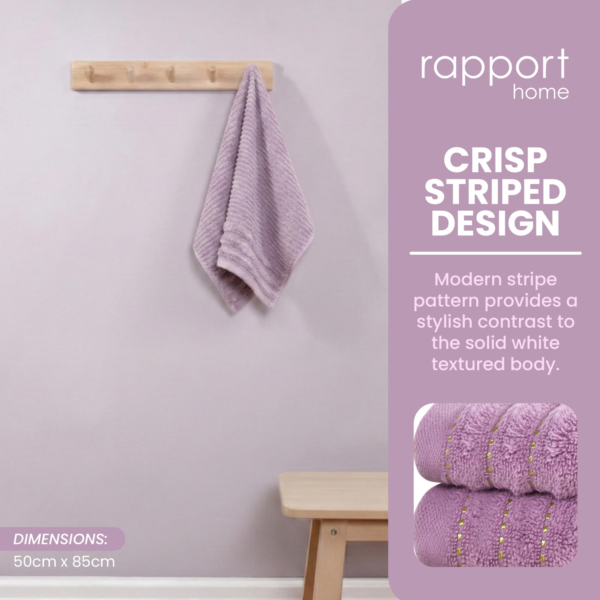 Rapport Home 2-Pack Linear Hand Towels | 50x85cm 100% Cotton 500GSM | Absorbent & Soft Bathroom Towel Set | Oeko-Tex Certified | Lavendar Pink