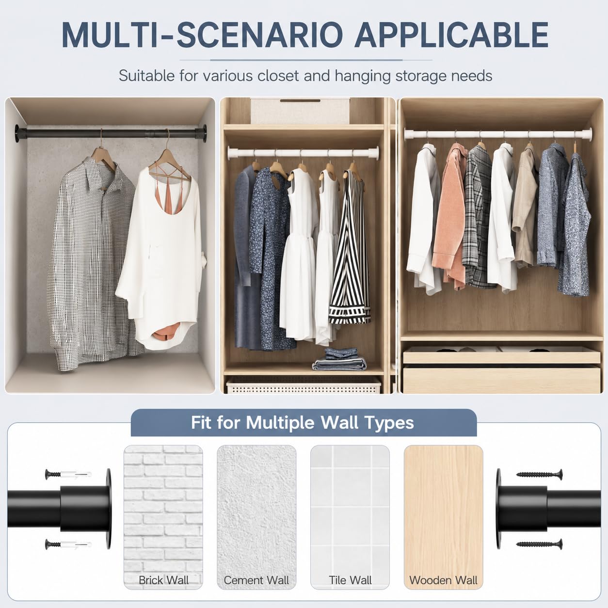 Wardrobe Rail, Extendable Clothes Rail Wall Mounted Wardrobe Hanging Rail for Clothes, Bedroom,Windows and Showers, 45-68CM/Diameter 25MM，Black
