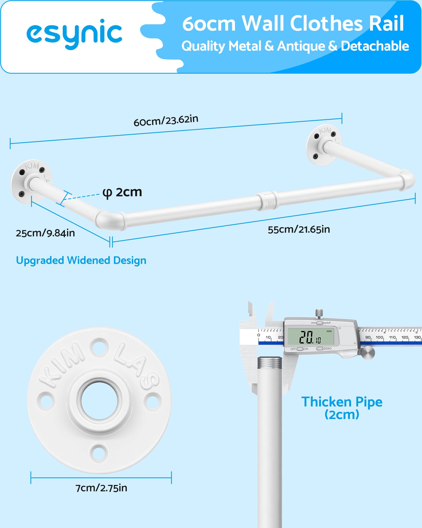 eSynic 60cm White Industrial Pipe Clothes Hanging Rails