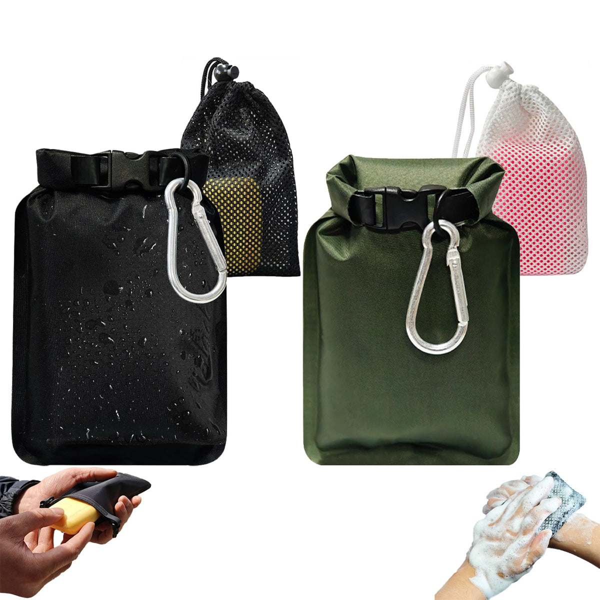 2 Pack Travel Soap Bag, Waterproof and Leakproof Soap Storage Pouches with Quick Dry Mesh Bag and Carabiner Portable Sealed Bag for Outdoor Camping