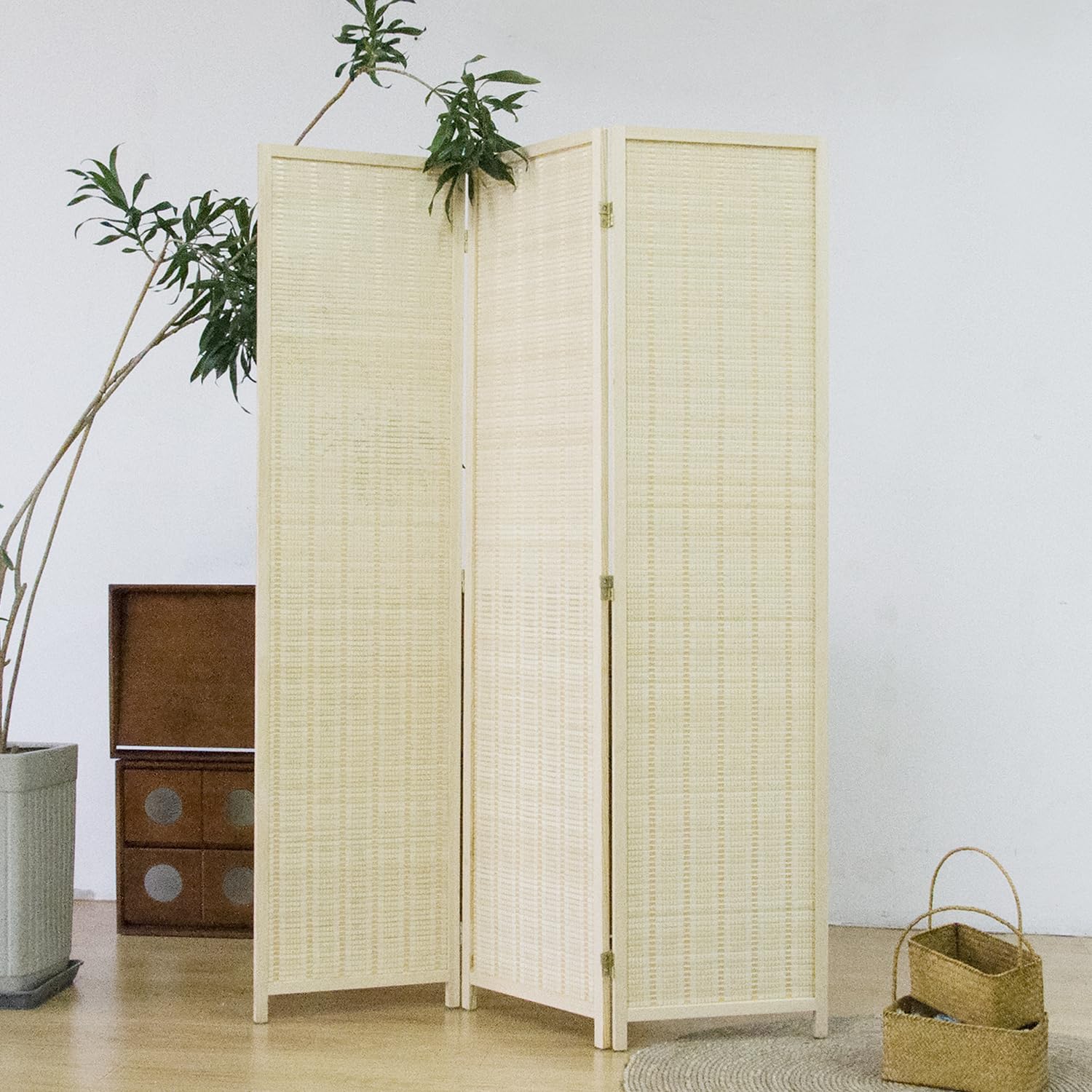 Furnnylane 3 Panel Bamboo Room Divider and Folding Panel Screen,Bamboo Panel Divider for Room Separation,Beige,170 cm H x 117 cm W