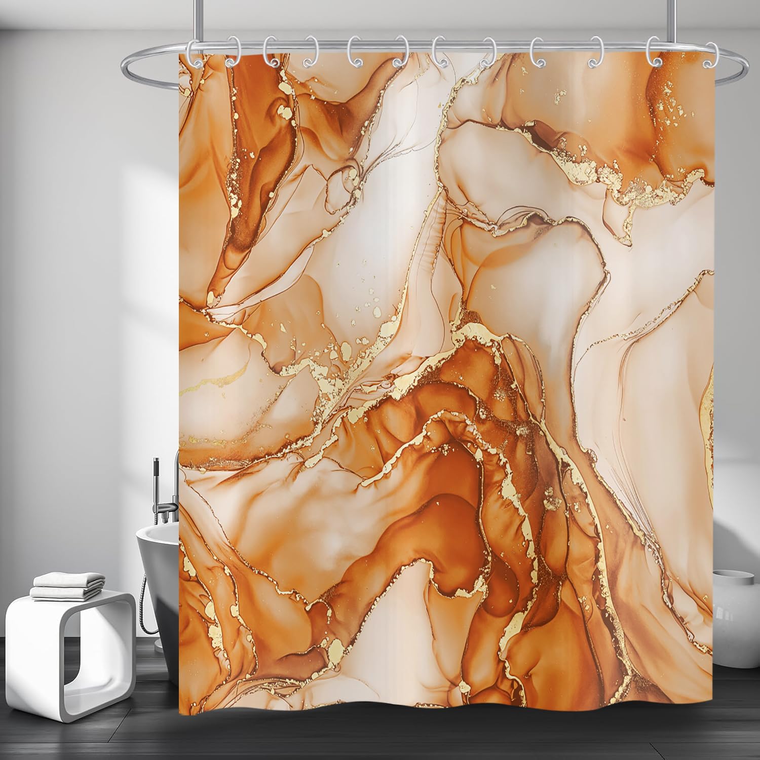 Hnmdmyi Marble Shower Curtain 180x200, Orange Gold Abstract Marble Bathroom Curtains Luxury Modern Aesthetic Art Ink Texture Waterproof Polyester