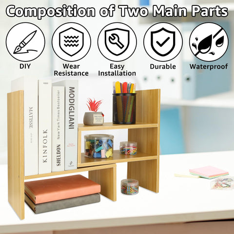 DAJAVE Desktop Bookshelf Organiser Wooden Desktop Storage Shelf Adjustable Desktops Shelf Expandable Desk Bookcase Desk Shelves Unit Desktops Display