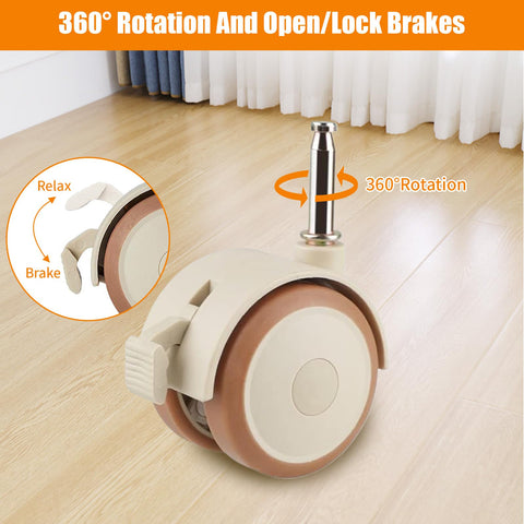 4 Pcs Swivel Double Castors with Rubber Sleeve and Brakes, Metal Plunger Stem Design Small Furniture Wheels, Crib Replacement Caster for Cabinet