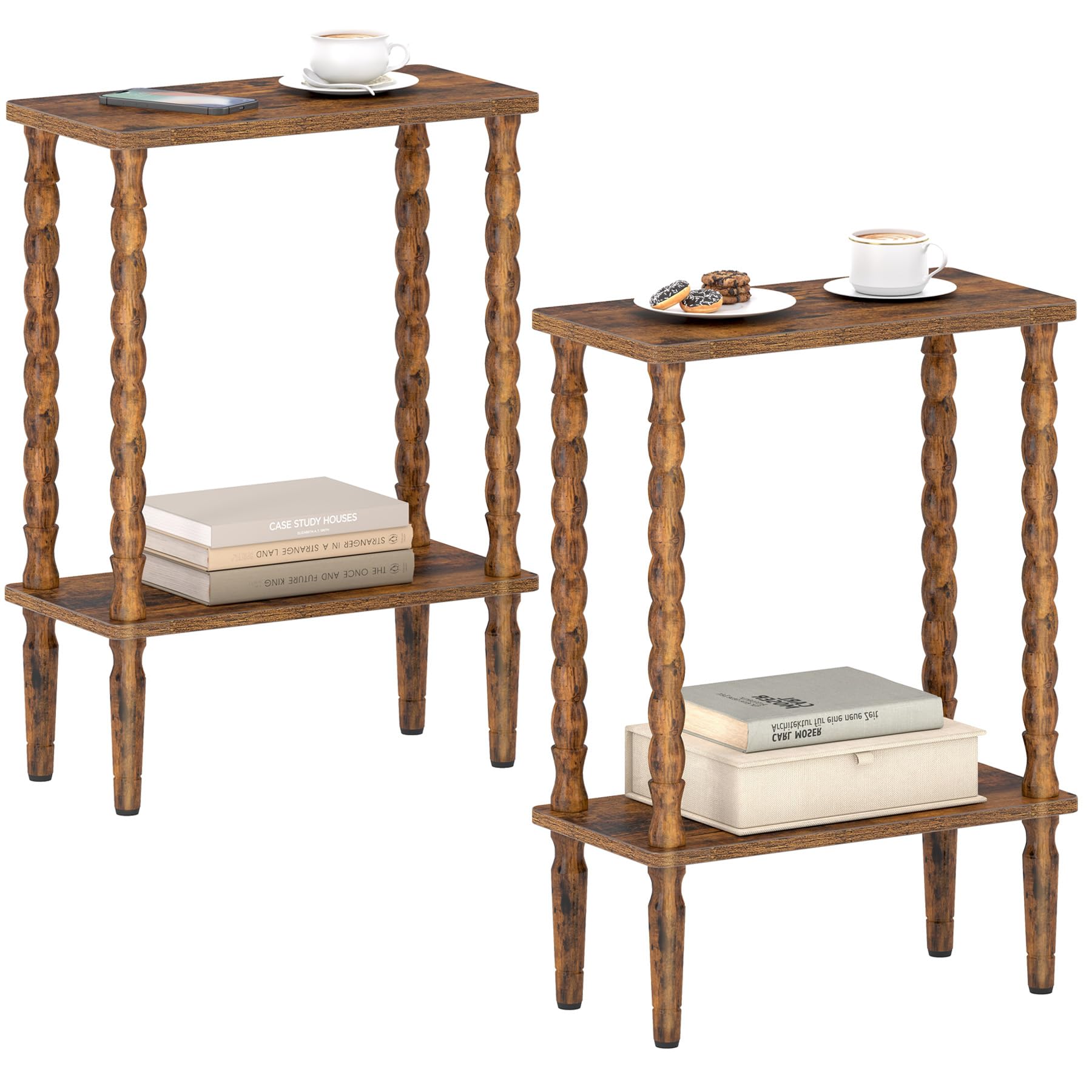 TUTOTAK Narrow Side Table Set of 2, 2-Tier Small End Table with Storage, Slim Skinny Nightstand for Small Spaces, Living Room, Bedrooms