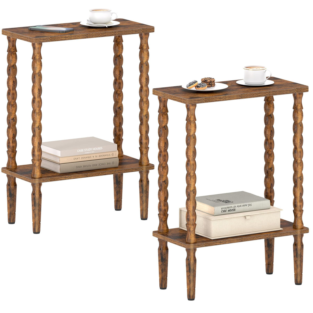 TUTOTAK Narrow Side Table Set of 2, 2-Tier Small End Table with Storage, Slim Skinny Nightstand for Small Spaces, Living Room, Bedrooms