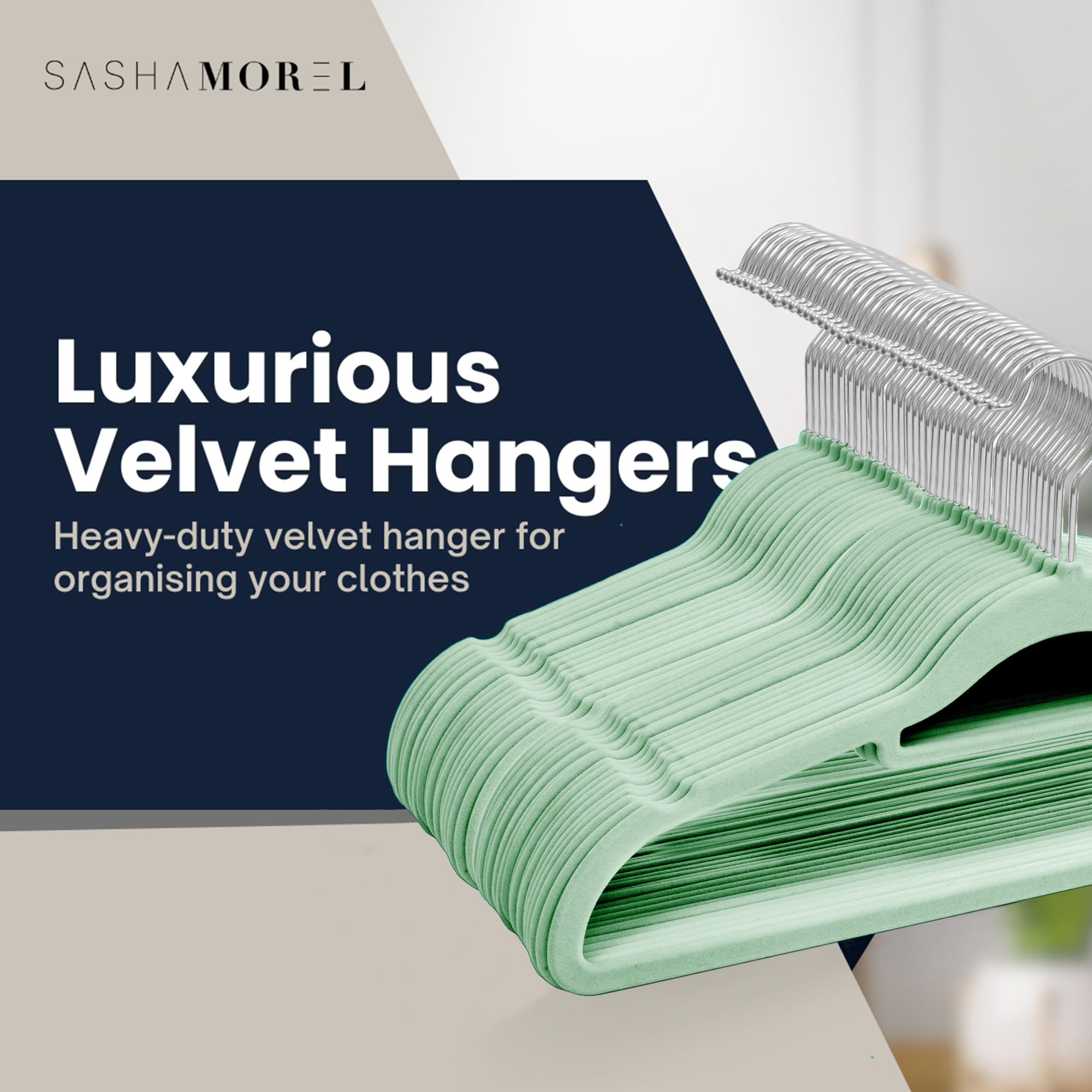 Sasha Morel 50 Pack Velvet Coat Hangers – Non Slip Velvet Hangers for Clothes, Space Saving Adult Hangers with Tie Organizer & Swivel Hooks