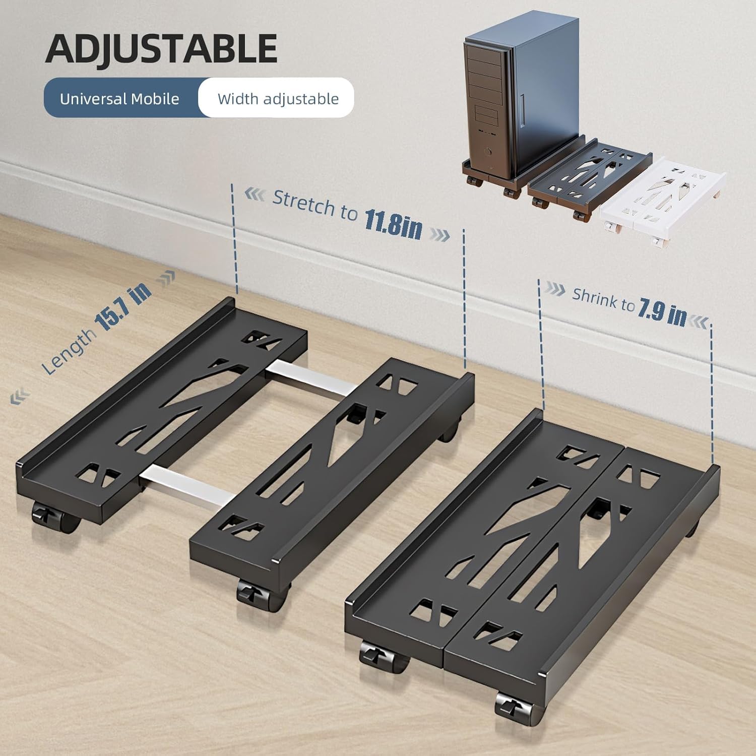 Qcdou Adjustable Mobile CPU Stand - Ventilated Tower Stand with 4 Caster Wheels, Fits Most PC, for Floor Carpet Gaming PC Case (Black)