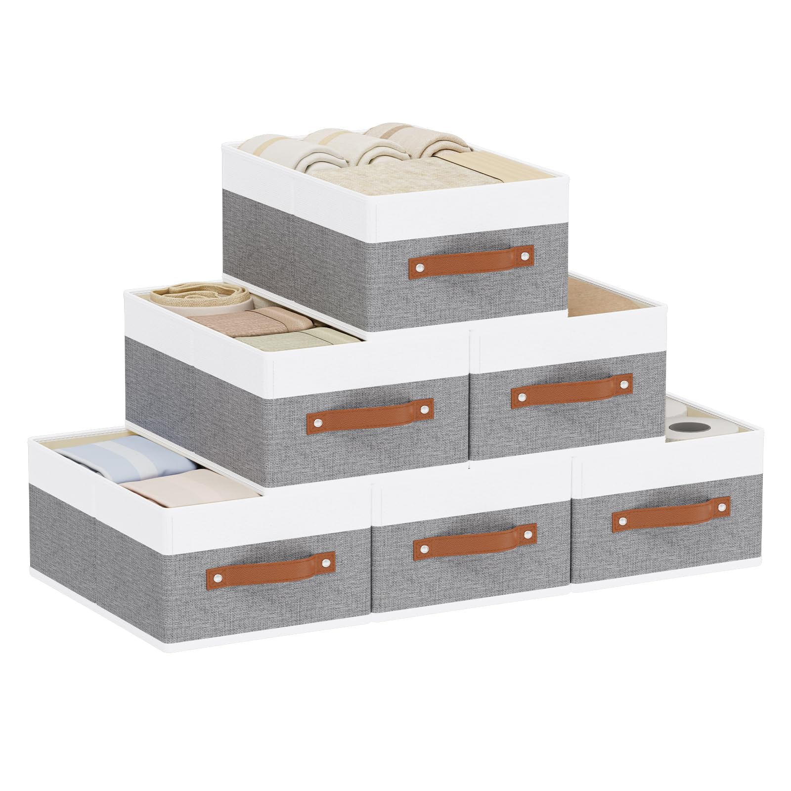 YheenLf Collapsible Storage Boxes,White/Grey Baskets,33×23×14cm,6Pack