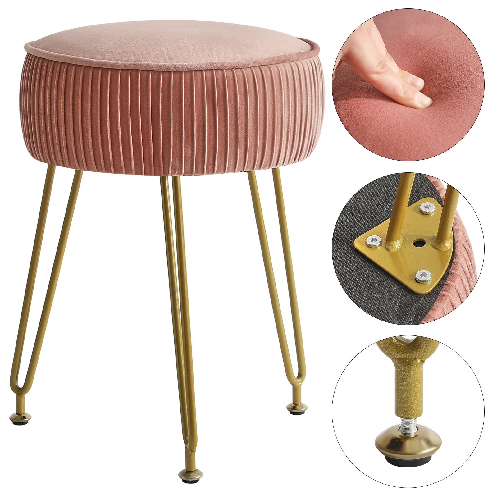 IBUYKE Makeup Vanity Stool, Velvet Round Footrest Ottoman, Pink L/G-30P