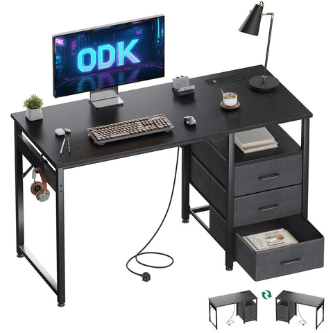 ODK Computer Desk with Drawers, 120cm Office Desk with Sockets, Black
