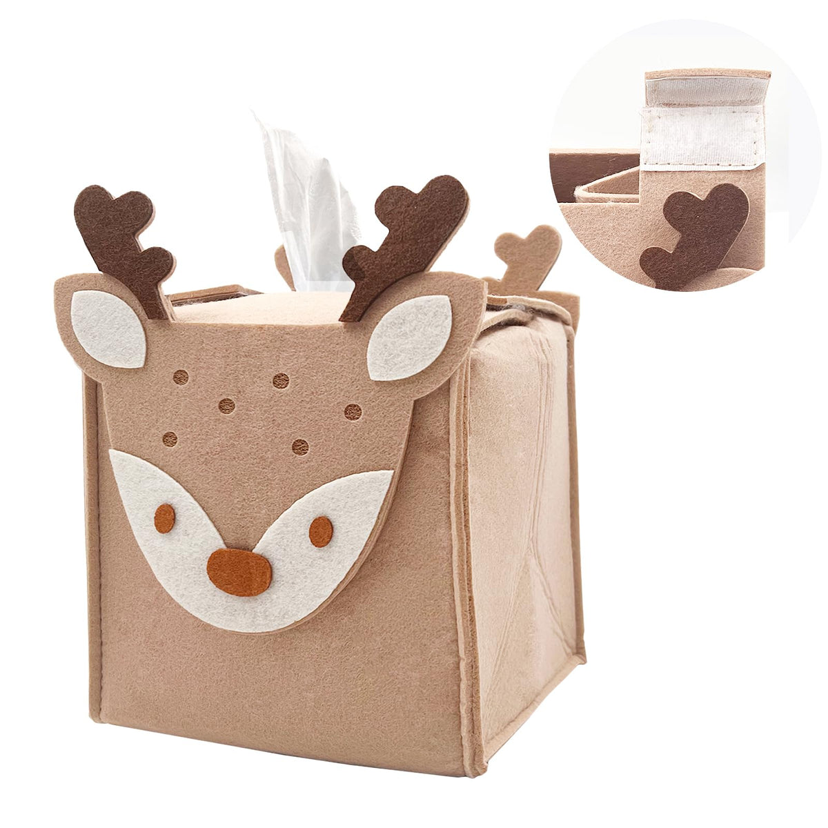 Daily Treasures Cute Deer Square Tissue Box Cover,Refillable Felt Tissue Box Holder with Hook And Loop Fasteners,Unique Tissue Storage Organizer