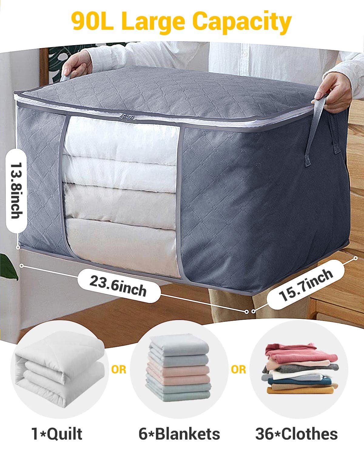 KALAHOL Large Capacity Clothes Storage Bags with Zips, 90L Foldable Clothing Storage Bags Organizer with Reinforced Handle Thick Fabric for