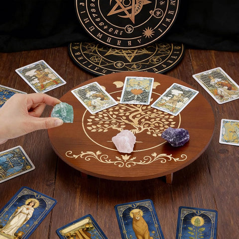PH PandaHall Altar Table, 11.8x2.7 Inch Round Wooden Meditation Table Engraved Moon Tree of Life Patterns Wiccan Tables for Room Engraved Mystic