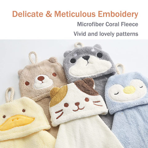 PRATIQUE 5 Pack Cute Hand Towels, Bathroom Towels with Hanging Loop, Children Hand Towel Animals