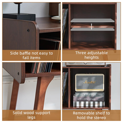 LELELINKY Record Player Stand, 4 Compartments, Holds Up to 220 Records